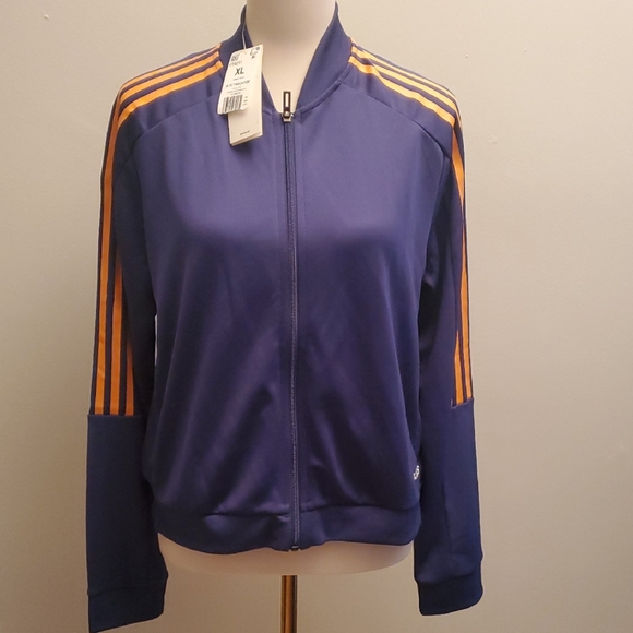 Adidas Women's Blue Bomber Jacket with Orange Stripe - Picture 1 of 3